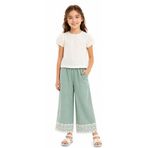 İrem Çocuk Giyim Kız Çocuk Bluzu Müslin Kumaş Çiçek Nakışlı Taş Detaylı Sırtı Fiyonk Detaylı Pantolonun Paça Kısımları Güpür Detaylı Bej Renk Şık Ikili Takım - 4 Yaş