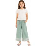 İrem Çocuk Giyim Kız Çocuk Bluzu Müslin Kumaş Çiçek Nakışlı Taş Detaylı Sırtı Fiyonk Detaylı Pantolonun Paça Kısımları Güpür Detaylı Bej Renk Şık Ikili Takım - 5 Yaş