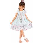 İrem Çocuk Giyim Kız Çocuk Çiçek Desenli Astarlı Kloş Model Sırtı Fermuarlı Midi Boy Açık Mavi Renk Elbise - 6 Yaş