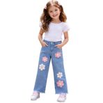 İrem Çocuk Giyim Kız Çocuk Çiçek Nakış Aplikeli Geniş Paça Model Paçası Püsküllü Mavi Renk Kot Pantolon - 6 - 7 Yaş