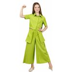 İrem Çocuk Giyim Kız Çocuk Geniş Paça Bilek Boy Pantolon Model Torba Cepli Crop Gömlekli Fıstık Yeşili Keten İkili Takım - 12 Yaş