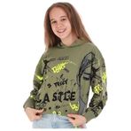 İREM ÇOCUK GİYİM Kız Çocuk Loco Yazılı Resim Desenli Crop Model Kapüşonlu Renk Sweatshirt,Haki 14 Yaş