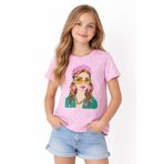İrem Çocuk Giyim Kız Çocuk Önü Kız Desenli Taşlı Pembe Renk Kısa Kollu Tişört - 15 - 16 Yaş