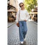 İrem Çocuk Giyim Kız Çocuk Tül Kollu Gül Detaylı Sweatshirt ve Bol Paça Kot Pantolon Takımı - Beyaz - 6 - 7 Yaş