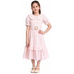 İrem Çocuk Giyim Kız Çocuk Yakası Incili Taşlı Bebe Yaka Model Balon Kol Beli Kuşaklı Tokalı Güpür Detaylı Midi Boy Pembe Renk Elbise - 10 - 11 Yaş