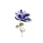 İri Ametist Safir Zirkon Taşlı İnci Detaylı Gümüş Çiçek Broş Yaka İğnesi 7X4.2cm