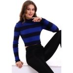 Irmak Kerekli Çizgili Triko Crop Kazak Triko Bluz 1101 - Lacivert - Saks