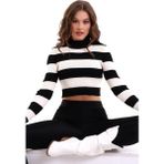 Irmak Kerekli Çizgili Triko Crop Kazak Triko Bluz 1101 - Siyah - Ekru