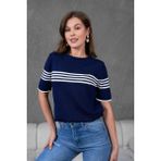 Irmak Kerekli Kadın Bisiklet Yaka Kısa Kol Çizgili Triko Bluz 25111 Ekru-Laci - Ekru - Lacivert - XL