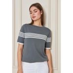 Irmak Kerekli Kadın Bisiklet Yaka Kısa Kol Çizgili Triko Bluz 25111 Füme-Ekru - Füme - Ekru - XL