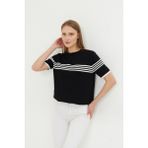 Irmak Kerekli Kadın Bisiklet Yaka Kısa Kol Çizgili Triko Bluz 25111 Siyah-Ekru - XL