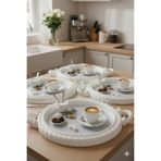 iselahome Nevora Örgü Desenli Kahve Sunum Tepsisi 4'lü Set Yuvarlak Beyaz