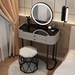 Işıklı Ayna ve Makyaj Makyaj Işıkları ile Modern Makyaj Masası Ayarlanabilir Parlaklık ve 3 Renk Aydınlatma Modu Siyah Temperli Camlı 2 Büyük Çekmeceli Yatak Odası veya Stüdyo Gri için İdeal