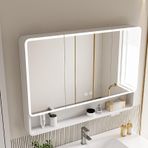 Işıklı Modern İlaç Dolabı, 35,4" Duvar Aynası ve Depolama Rafı, Buğu Önleyici Banyo Vanity Nizer, Çağdaş Alanlar için Şık Asma Depolama (Beyaz)