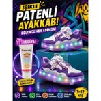 Işıklı Spor Ayakkabı Patenli 4 Tekerlekli Dönüşümlü Çocuk Ayakkabısı Güneş Kremi Hediyeli - Mor - Beyaz - 35