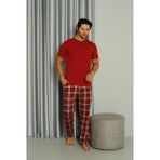 Işılay Bordo Önden 3 Düğmeli Ekose Pijamalı Kısa Kollu Erkek Pijama Takımı 19041-B - 2XL