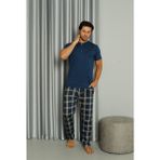 IŞILAY İndigo Önden 3 Düğmeli Ekose Pijamalı Kısa Kollu Erkek Pijama Takımı 19041-İ