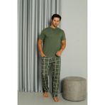 Işılay Yeşil Önden 3 Düğmeli Ekose Pijamalı Kısa Kollu Erkek Pijama Takımı 19041-Y - XL