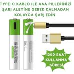 isiltikidsmoda USB Type-C ile Şarjolabilen 4 Adet Aaa 1.5V Lityum Şarjlı Kalem Pil 750 Mah Uzun Ömürlü ( Lisinya )