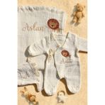 Isim Nakışlı Aslan 4lü Yenidoğan Müslin Bebek Seti - %100 Pamuk Battaniye, Tulum, Şapka - 00-Beyaz - 0 - 3 Ay