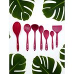 Isıya Dayanıklı Silikon Kevgir Kepçe Spatula Kaşık Seti (30-28-22-20 Cm) 7 Parça - Fuşya