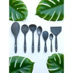 Isıya Dayanıklı Silikon Kevgir Kepçe Spatula Kaşık Seti (30-28-22-20 Cm) 7 Parça - Gri