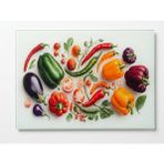 Isıya Dayanıklı Temperli Cam Kesme Tahtası ve Sunum Tablası - Renkli Sebze Desenli, Hijyenik Mutfak Tezgah Koruyucu, 25x35 cm