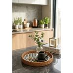İska Hediyelik Doğal Rattan Çerçeveli Siyah Beyaz Damalı Dekoratif Tepsi - Tekli Küçük Boy - 29 cm