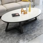 İskandinav Mermer Üst Oval Sehpa Çapraz Ayaklı Modern Kayrak Kokteyl Masası Oturma Odası için Şık Beyaz ve Siyah Taş Taban 100 cm U x 49,5 cm G x 45,7 cm Y