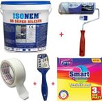 Isonem Sb Süper Bileşen Su Yalıtımı Beyaz + Izmir Fırça Epoksi Rulo 20 Cm + Izmir Fırça Luna 2.5 Cm Kestirme Fırça + 3 Cm Maskeleme Bandı + Parex Smart 3 Lü Eko Paket Temizlik Bezi Set - 5 Kg