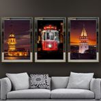 İstanbul-2 Temalı Aynalı Çerçeveli 3 lü Kanvas Tablo Seti 150x70 cm SETS0059