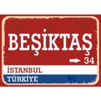 Istanbul Beşiktaş Retro Sokak Yön Tabelası Vintage Pvc Dekota Uv Poster Yapışkanlı 35X25 - Kırmızı - Beyaz