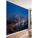 İstanbul Boğazı ve Köprü Gece Manzarası Tek Parça Tekstil Duvar Kağıdı, 150 x 100