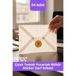 İstisna Çiçek Temalı Gold Renk Yuvarlak Mühür Sticker Ürün Ambalaj Paket Düğün Davetiye Zarf Etiketi - 24 Adet - Çok Renkli