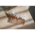 İstoria Bridal Gold&Beyaz Çiçekli Nişan Tokası, Nişan Saç Aksesuarı, Çiçekli Tarak Toka, Saç Pini, Nikah Tokası