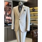 İtalyan Stil Ceket Yelek Pantolon Takım Elbise Bej T12811 - 46