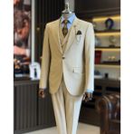 İtalyan Stil Ceket Yelek Pantolon Takım Elbise Bej T12819 - 48