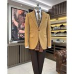 İtalyan stil kadife erkek tek ceket camel T11040 - 46