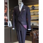 İtalyan Stil Kruvaze Çizgili Ceket Pantolon Takım Elbise Kahverengi T12898 - 48
