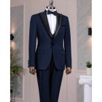 Italyan Stil Şal Yaka Ceket Yelek Pantolon Damatlık Set Lacivert T14272 - 46