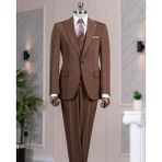 Italyan Stil Slim Fit Ceket Yelek Pantalon Takım Elbise Kahverengi T13958 - 54