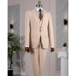 Italyan Stil Slim Fit Ceket Yelek Pantolon Takım Elbise Bej T14184 - 46