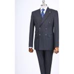Italyan Stil Slim Fit Çizgili Kruvaze Ceket Pantolon Takım Elbise Lacivert T13198 - 50