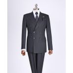 Italyan Stil Slim Fit Çizgili Kruvaze Ceket Pantolon Takım Elbise Siyah T13491 - 46
