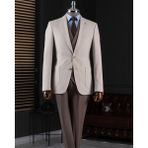 Italyan Stil Slim Fit Erkek Ceket Yelek Pantolon Takım Elbise Bej T14639