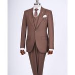 Italyan Stil Slim Fit Erkek Ceket Yelek Pantolon Takım Elbise Kahverengi T13463 - 48