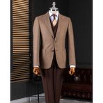 Italyan Stil Slim Fit Erkek Ceket Yelek Pantolon Takım Elbise Kahverengi T14640 - 50