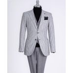Italyan Stil Slim Fit Erkek Kombin Ceket Yelek Pantolon Takım Elbise Gri T13075 - 46