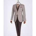 Italyan Stil Slim Fit Erkek Kombin Ceket Yelek Pantolon Takım Elbise Kahverengi T13077 - 48