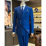 İtalyan stil slim fit erkek kruvaze ceket pantolon takım elbise lacivert T12687 - 46